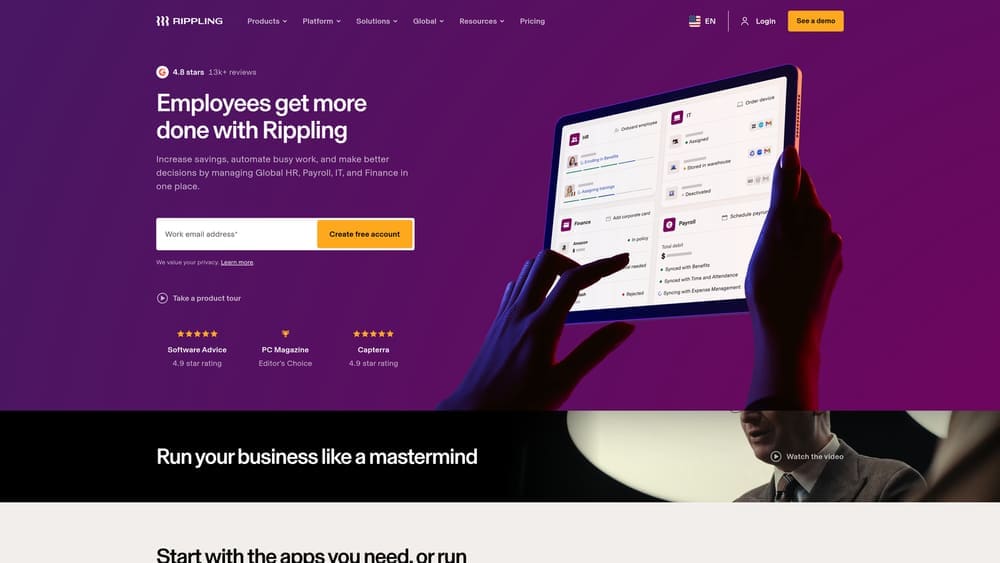 Screenshot of Rippling PEO website