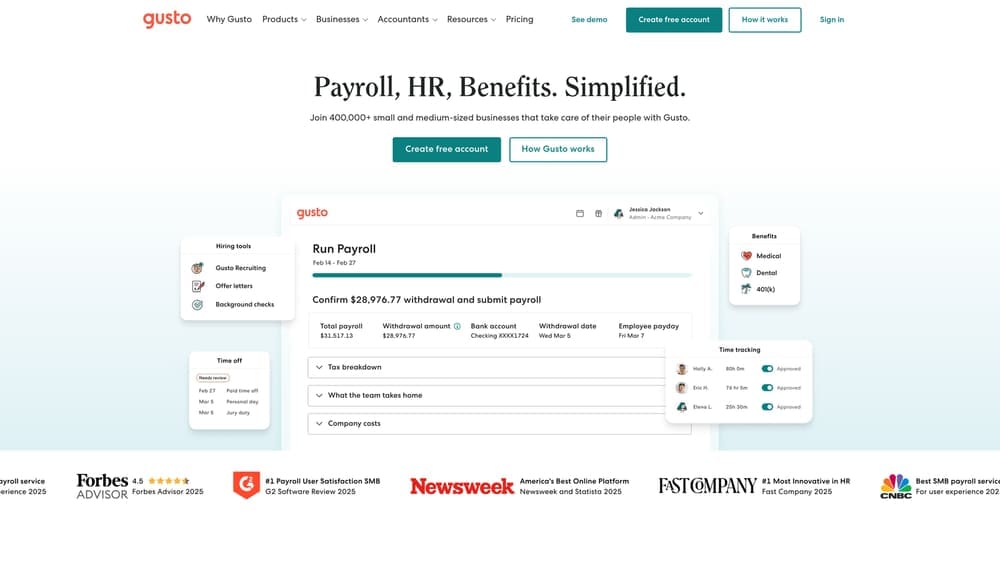 Screenshot of Gusto website