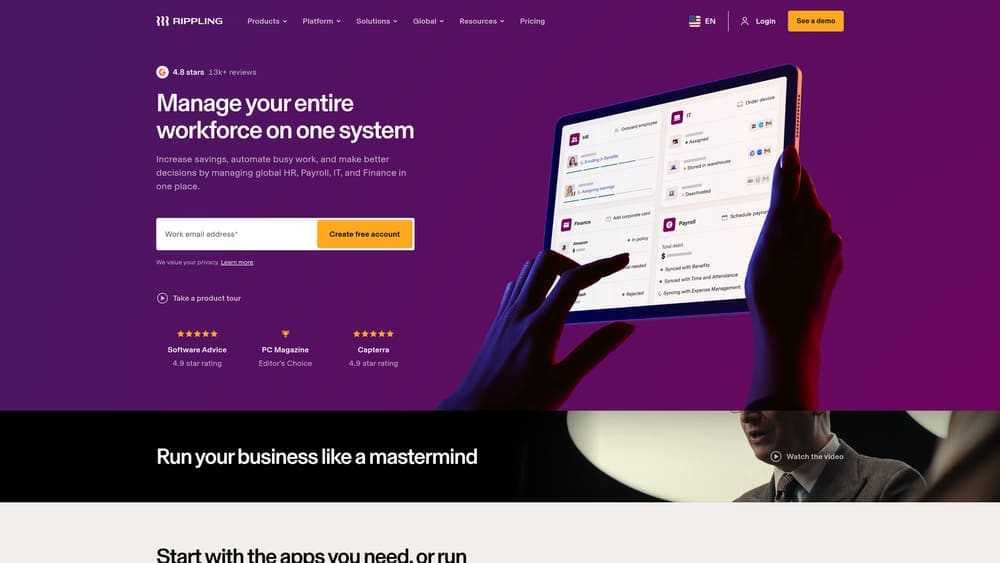 Screenshot of Rippling PEO website