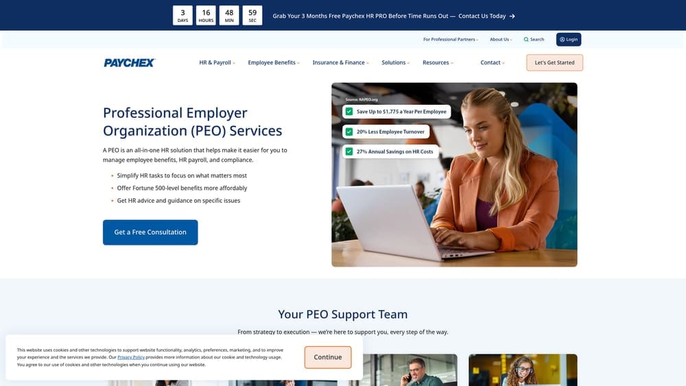 Screenshot of Paychex PEO website