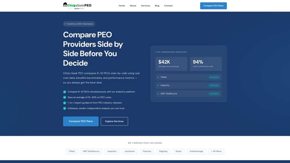 Screenshot of Clicks Geek PEO Comparison Platform website