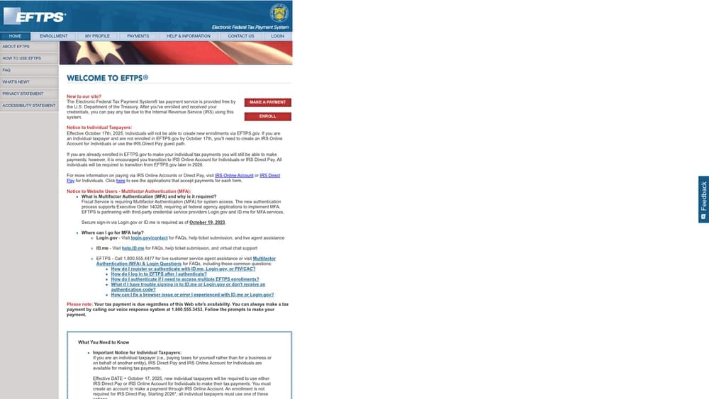 Screenshot of IRS EFTPS website