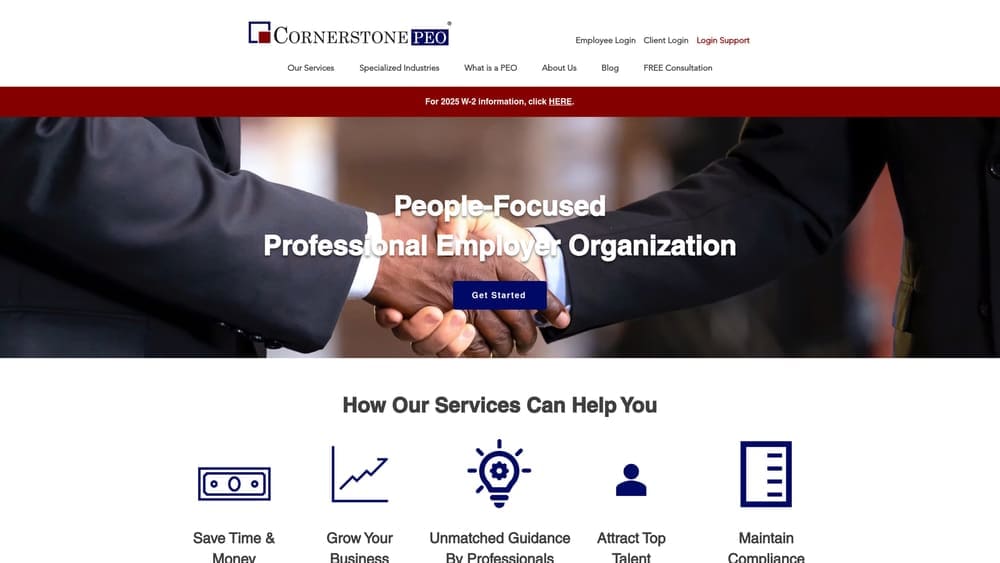 Screenshot of Cornerstone PEO website