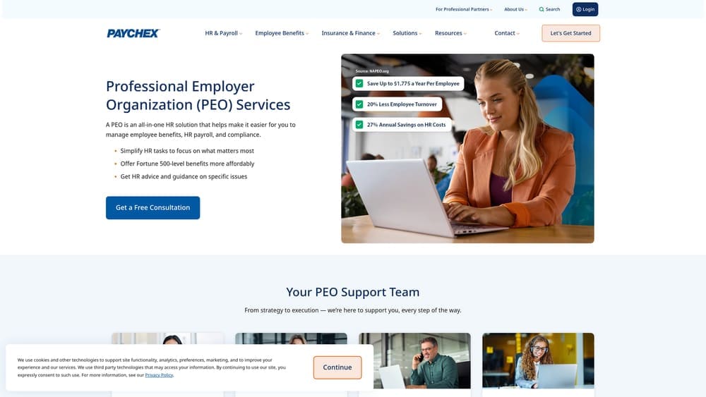 Screenshot of Paychex PEO website