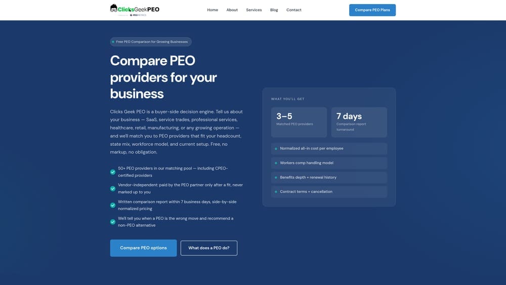 Screenshot of Clicks Geek PEO Comparisons website