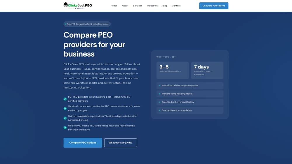 Screenshot of Clicks Geek PEO website