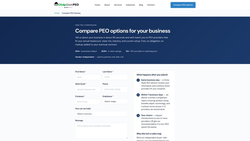 Screenshot of Clicks Geek PEO Comparison Tool website