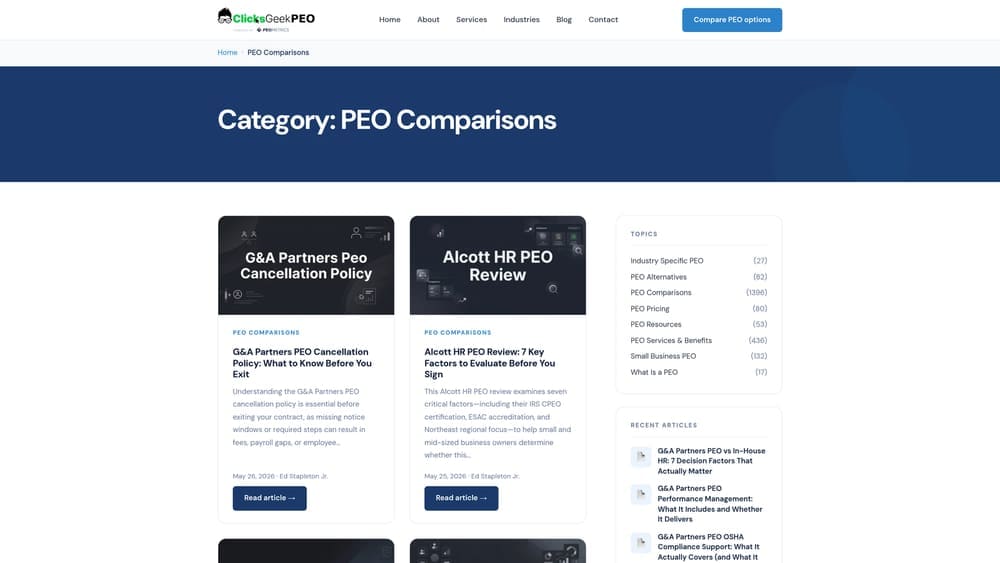 Screenshot of Clicks Geek PEO Comparison Tool website