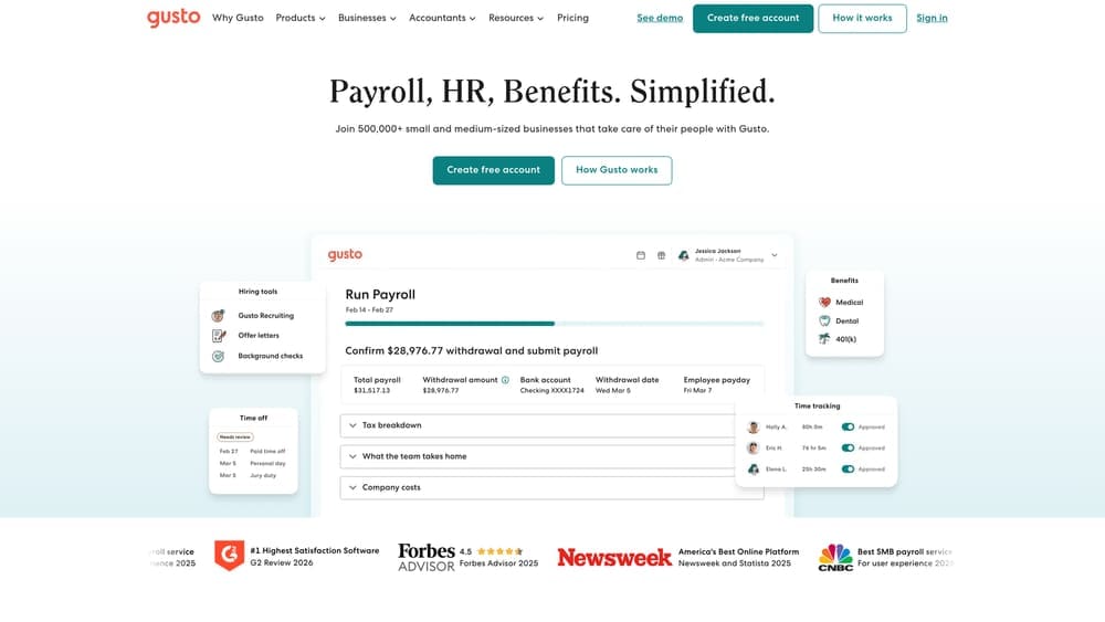 Screenshot of Gusto website